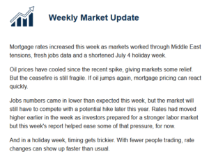 Logo with an upward-trending chart and the heading 'Weekly Market Update,' followed by a short market summary about mortgage rates, oil prices, and jobs.