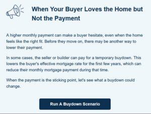 Informational card about buydown options to lower mortgage payments, with a CTA button reading 'Run A Buydown Scenario'.