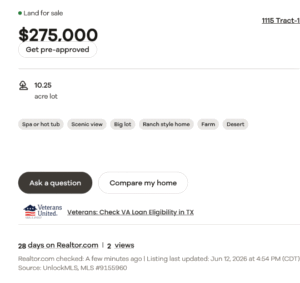Listing header for a land-for-sale listing: $275,000 price for a 10.25 acre lot with a Get pre-approved badge; property tags (scenic view, big lot, ranch style, etc.); two action buttons (Ask a question, Compare my home); Veterans United logo and link to VA loan eligibility.