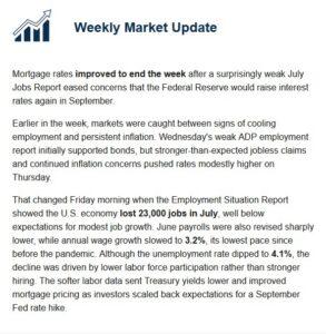 Header for Weekly Market Update with a logo, announcing mortgage rates improved to end the week and mixed employment data in July.
